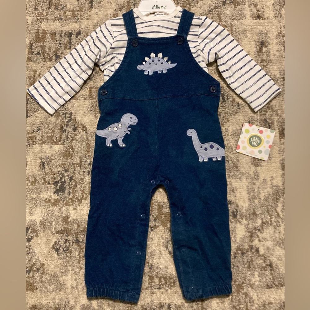 Little Me 9M Navy Dinosaur Knit Overall Set